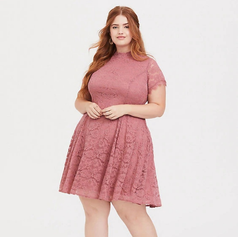 ROSE PINK LACE HIGH NECK TRAPEZE DRESS